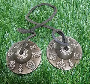 NIM Bronze/pure kansa tibetan buddist style manjira/tingshak with 8 lucky auslpicious sign highlighted on it two piece bell joining with chord used for pooja and meditation