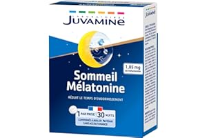 JUVAMINE Sommeil Mélatonine, 1, 85mg de Mélatonine, Réduit le Temps d'Endormissement, Sans Accoutumance, Décalage Horaire, Repos, Programme de 1 Mois, 30 Comprimés, Fabriqué en France