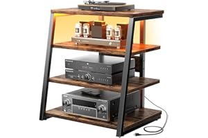 iSunirm HiFi Stand, AV Media Stand with Outlets, 4-Tier Media Console with LED Lights, Record Player Stand With Storage Shelves, Stereo Racks and Stands Media Audio Tower Cabinet, Brown