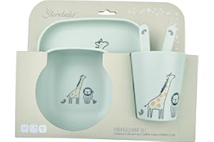 Sterntaler Geschirrset Giraffe & Löwe – Eckige Form mit Safari Motiv – Teller, Schale, Becher & Besteck, langlebig, lebensmittelecht - Für Babys & Kleinkinder - Geschenk-Set, blassgrün
