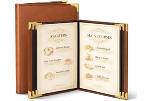 GLIMVILO Lot de 2 Porte-Menus A4 en Simili Cuir Caramel – 4 Pages 8 Vues – Porte-Menu Élégant – Protège-Menu avec Coins Dorés – Livre de Menus Professionnel