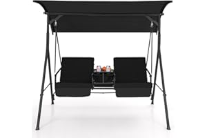 KOMFOTTEU Balancelle de Jardin pour 2 Personnes avec Auvent réglable, Balançoire d’Extérieur avec Pack de Glace, Plateau et Porte-gobelet, Charge de 240 kg, 181 x 124 x 161,5 cm (Noir)