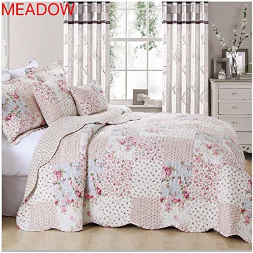 Luxury Patchwork Quilted Bedspread with Free 2 Pillow Shams. 100% Cotton Touch (DOUBLE, MEADOW)