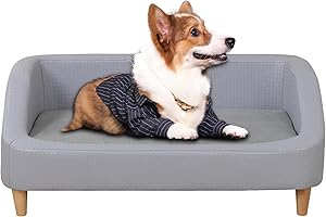 PWTJ Luxury Pet Sofa Bed for Medium-Large Dogs & Cats, 3-Sided Bolster Design with Removable Cushion & Wooden Legs, Comfortable Pet Furniture for Indoor Use (Grey)