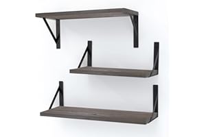 Tawdeez Grey Wood Floating Shelves Set of 3 for Wall, Paulownia Wooden Wall Mounted Shelf for Living Room/Bedroom/Bathroom/Kitchen/Laundry room/Home/Office