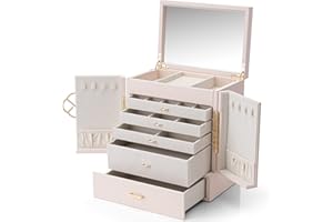 Vlando Large 6 Layer Jewellery Box, PU Leather Jewellery Organiser with Removable Jewellery Tray for Necklace Earrings Rings Bracelets, Jewellery Storage Display Case for Women Gift, Apricot White