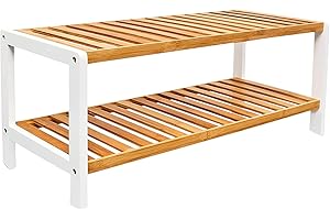 1ABOVE Bamboo Shoe Rack, Plant Rack, Perfect for Corridor, Living Room, Bathroom, Bedroom, Hallway or Small spaces-Parent. (White & Natural, 2 Tier)