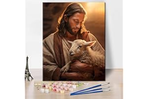 TISHIRON Dipingere fai da te con i numeri, Gesù cristiano per adulti, pittura con i numeri, Gesù tiene una pecora, kit fai da te per pittura a olio, arte da parete, 16 x 20 pollici