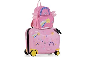 HOMFME 2PCS Kids Luggage Set, 18 Inch Children Ride on Suitcase with 12 Inch Backpack, Anti-Lose Rope, Adjustable Handle, Boys Girls Carry on Suitcase Trolley Case for Travel School (Star, Pink)