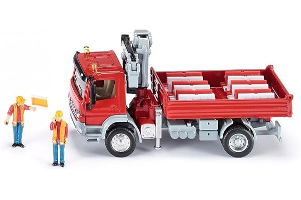 siku 3534, Camion avec zone de chargement et grue, 1:50, Métal/Plastique, Rouge, 2 figurines de jeu et 10 blocs de guidage du trafic inclus