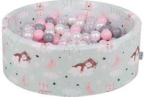 KiddyMoon Baby Foam Ballpit With Balls 90X30cm/200 Balls ∅ 7Cm / 2.75In Round Made In EU, Bears-Green/Pearl-Grey-Transparent-Powderpink