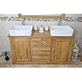 Wooden Bathroom Vanity Unit with 2 Ceramic Basins - Modern Bathroom Sink Cabinet with Drawers - Double Vanity Unit with Chromed Mixer Taps - Natural Oak - Rectangle Bowl (603CB021X2)