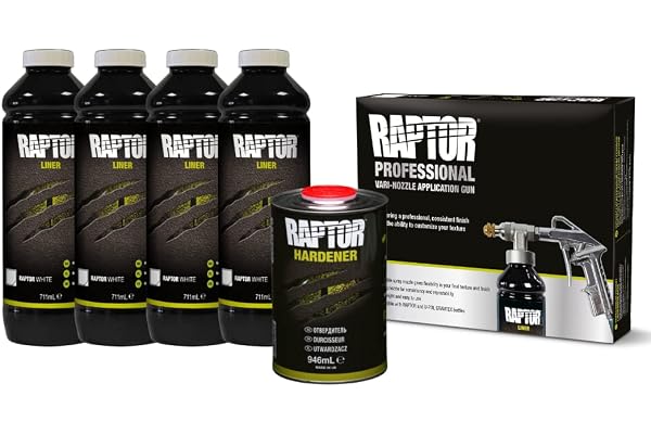 U-POL Raptor kit de revêtement de Protection - 4 Bouteilles de 3,79 litres (incluant Le durcisseur), Blanc, avec Le Pistolet Professionnel Raptor à buse réglable