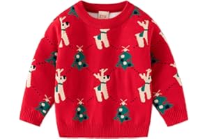 Fandecie Jersey Navideño Niño Niña,Cuello Redondo, Suéter de Punto con Reno Puro, Papá Noel Algodón 2-7 Años