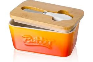 Mantequillera de Porcelana con Cuchillo y Tapa de Madera, Henten Home Contenedor Grande para Mantequilla, Recipiente Hermética para Todo Tipo de Mantequilla(Naranja Tropical)