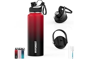 MYFOREST 1000ml/32oz Insulated Water Bottle, 2 Lids for Small Sip/Large Gulp, 100% Dishwasher-Safe/Leak-Proof/BPA-Free/Top Handle/Carbonated Drinks/Cold/Hot