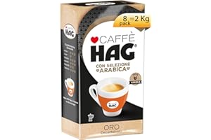 CAFFÉ HAG Hag - Caffè Macinato Decaffeinato Gusto Oro - Caffè dal Sapore Morbido e Pieno. Ideale in ogni momento della giornata - Contiene 8 confezioni da 250 gr (totale 2 kg)