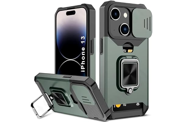 LuxuryKase Shockproof Armor Case for iPhone 13 Slide Camera Cover Hidden Card Slot Rotating Ring Kickstand Magnetic Car Mount Support Military Grade Protection Green