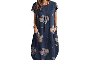 ZANZEA Women Summer Dresses Cotton Linen Dress Plus Size Short Sleeve Baggy Printed Casual Midi Dresses with Pockets
