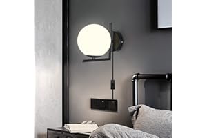CHAO ZAN Applique da parete interno E27, Applique Lunghezza del filo 180 cm, Lampada da parete in vetro per Camera da letto Salotto Disimpegno,Con spina e interrut, Lampadina non inclusa (Nero)