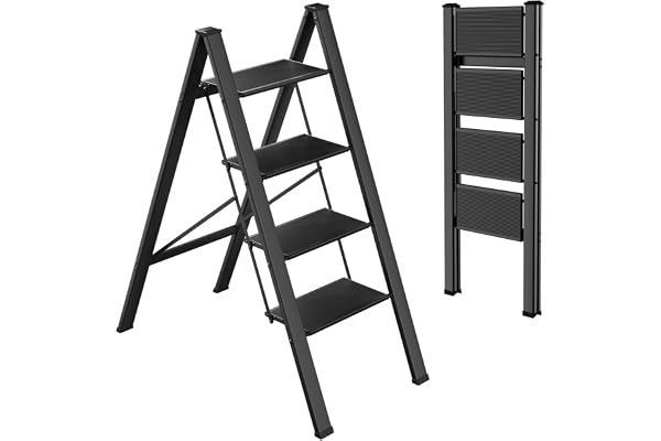 Hopfällbar aluminiumstege med 4 steg, halkfri pedal, bärbar stege, lastkapacitet upp till 150 kg, används i kök, hem, kontor, gör-det-själv-målning