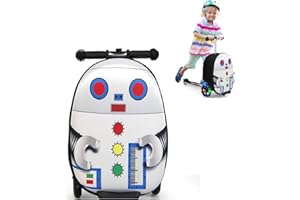 GOPLUS 2 in 1 Kinderkoffer mit Roller, 26 Zoll Reisegepäck mit Eva-Gehäuse & blinkenden LED-Rädern, Klappbarer Scooter mit einziehbarem Lenker für Kinder ab 5 Jahre alt (Roboter)