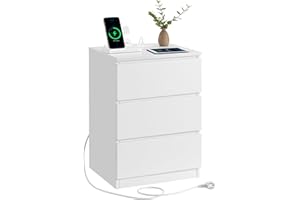 VASAGLE KAILYN Collezione - Comodino con Stazione di Ricarica, con 3 Cassetti, 2 Prese AC 2 Porte USB, per Soggiorno, Camera da Letto, Studio, Bianco Nuvola LET631W14