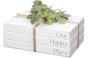 KROUCOCO Decorative Wooden Books for Home Decor, White Faux Books for Display, Rustic Farmhouse Stacked Books (OUR HAPPY PLACE)