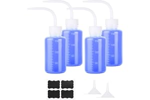 Furuising 4 Pièces Flacons de Lavage 150ml, Bouteille de Lavage en Plastique, réutilisable Flacons Pissette Avec entonnoir et autocollants pour Laboratoire Plante Tatouage