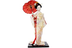 predolo 12 "Geisha giapponese Lady Statuetta Artigianato Tradizionale Kimono Bambole Etniche Bambole Geisha giapponesi per la decorazione dello scaffale, Bianco e oro