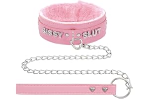 ADEMISHIA Pink Fluffy Choker Necklace For Women, Soft Plush Leather Collar With Rhinestones Letters Punk Gothic Cosplay Jewelry