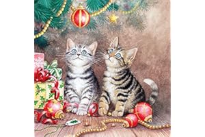 Servietten Weihnachten Lot de 20 serviettes en papier Motif chats admirent le sapin de Noël | Animaux | Hiver | Noël | Décoration de table 33 x 33 cm, multicolore