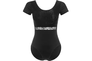 IDOPIP Women's Turtleneck Ballet Dance Leotard Floral Lace Short Sleeve Backless Athletic Gymnastics Leotards with Removeable Padded Dancewear