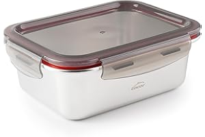 LACOR - 64610 - Recipiente para alimentos rectangular Ecoinox, Acero inoxidable 18/10, 800 ml, Apto para microondas, horno, congelador y lavavajillas, Hermético, 4 Cierres de clip, BPA Free