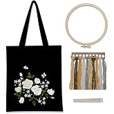 Kit Broderie Sac En Toile Débutant - Motif Floral Avec Fil Et Aiguilles - 38x35 Cm