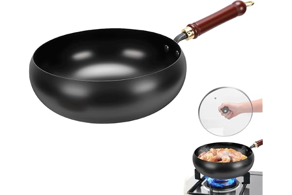 Gugxiom Japansk järnpanna med trälock, 28 cm obelagd järnpanna med spatel, handsmidad gjutjärnswokpanna för elspisar/induktionshällar/gasspisar (glaslock)