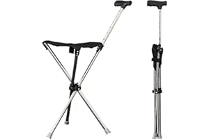 OUGPIU Gehstock mit Sitz,80–90cm Höhenverstellbar,Zusammenklappbarer Leichter Aid Stativ Krückenstuhl Stuhl,Tragkraft 150kg,Tragbarer 2-in-1 Dreieckiger Gehstock für Erwachsene