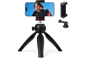 Polarduck Mini Phone Tripod Small Tabletop Travel Tripod for Cellphone with Phone Stand Holder, Gopro Mount & 360° Rotating Ballhead, Selfie Stick Compatible with Smartphone, Gopro and Projector