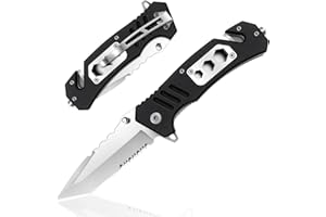 HONZIN 6 en 1 Navaja de Bolsillo 3Cr13 Multiherramienta de Acero Inoxidable, Mango G10, Cuchillo Plegable Portátil de Rescate de Supervivencia para Senderismo, Acampar al Aire Libre, Negro