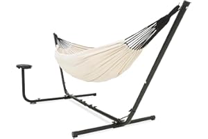 ‎VITA5 VITA5 podwójny hamak bawełniany ze stalowym stelażem, hamak ogrodowy dla 2 osób z uchwytem na kubek i torbą, 210x140 cm, nośność 205 kg