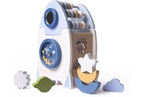 Smartwo Wooden Shape Sorter for 1-2 Year Old, Montessori Activity Cube Toys for Toddlers, Learning Centre of Shape Matching & Number Counting, Space Rocket Toy for Babies Boys Girls