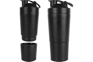 Hojalis Shaker à Protéines en Acier Inoxydable, 600ML Protéine Shaker avec poignée de transport, avec Boules Mélangeuses en Acier Inoxydable, avec compartiment à poudre (Noir)