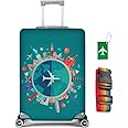 flintronic Travel Luggage Cover Elastic, Luggage Cover, Suitcase Cover, 26-28 Inch Suitcase Protective Cover, with Luggage Tag*1+Luggage Strap*1 (L, Green-Plane)