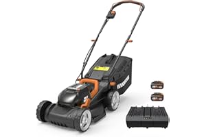 WORX Tondeuse à Gazon sans Fil 40V WG779E.1, Surface Maximum de 460 m², diamètre de 34cm, Coupe jusqu'aux Bordures, 6 Hauteurs de Coupe, Compacte et Légère, Livrée avec 2 Batteries 4Ah et Chargeur