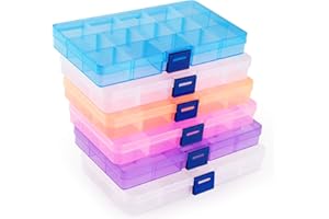 ilauke Fächer Aufbewahrungsbox, Plastik Aufbewahrungsbox in 5 Farben Sortierbox Sortimentsboxen Einstellbar Fächer für Schmuck Veranstalter Perlen Ohrring - 15 Raster*6 Stück