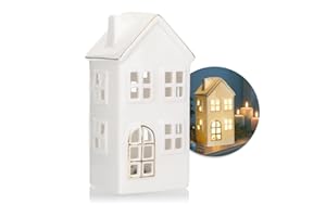 COM-FOUR® Casa LED de Porcelana - casa de luz Que Funciona con Pilas - casa de luz Decorativa Blanca Brillante para decoración navideña e Invernal (Casa - 15cm)