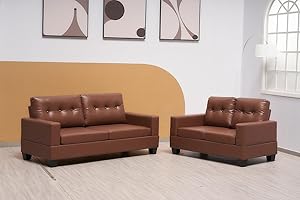 SOFAHEAVEN Cube -Brown Bonded Leather 3+2 Seater Sofa Set- Highback Fabric Couch Living Room Furniture - 3 Seater settee - 2 Seater sofas & couches (Brown, 3+2 Seater Sofa)