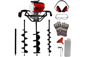 T-MECH 52cc Benzin Erdbohrer Erdlochbohrer 3PS Erdlochausheber Lochbohrer Pfahlbohrer Erdbohrgerät 10cm 15cm 20cm Aufsätze 80cm Verlängerungsstange 9000 U/Min 1.2L 1.6kW Sicherheitszubehör & Toolkit
