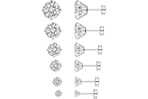 IMINI 6 Pairs 20g Stainless Steel Cubic Zirconia Stud Earrings for Women Men Cartilage Ear Piercings Helix Tragus Flat Screw Backs 3mm 4mm 5mm 6mm 7mm 8mm Set