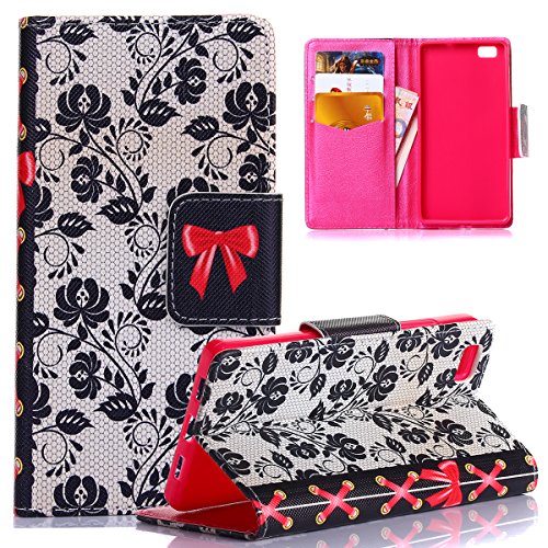 Huawei P8 Lite Case Flower,Huawei P8 Lite Case Pink,TOCASO Soft Silicone Back Cover Colorful Pattern Premium Slim PU Leather Flip Card Wallet Cases [Credit Card Slot] Build-in Stand Function Skin Money Pocket Book Folio Bumper Protective Covers [Magnet Closure] for Huawei P8 Lite (Black Bowknot)